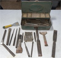 metal tool box filled w various sized chisels