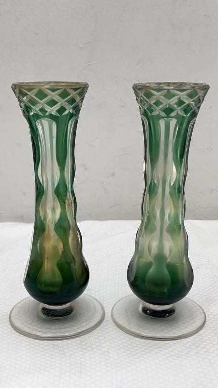 2 St Lambert signed glass vases 7in