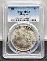 1921 Slab Morgan Silver Dollar PCGS MS63