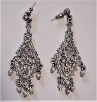Ornate Deco Style Dangle Pearl Pierce Earrings