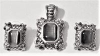 Silvertone Pendent w/Gray Stone & Earrings