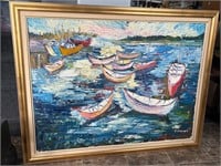 Large 55" signed oil on canvas boats painting
