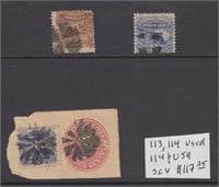 US Stamps #113, 114, 114/U59 Used, CV $115+