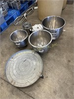 (3) stainless industrial mixing bowl attachments,