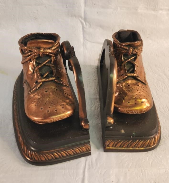 Vintage Bronzed Baby Shoes Bookends Pair Nice!