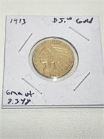 1913 Indian Head $5 Gold Ind Half Eagle