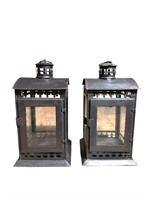 Pair of Square Tin Pierced Lanterns with Glass