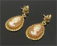 14K Gold Vintage Carved Cameo Dangle Earrings