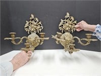 2 Vintage Heavy Brass Wall Sconces 12 x 14"h