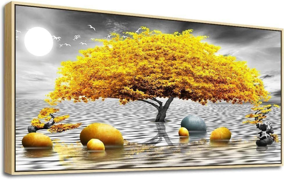 Framed Canvas Wall Art of A Yellow Tree in Water