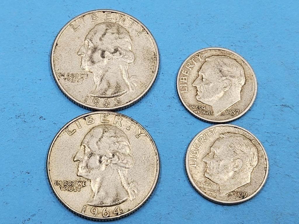 4 Silver Coins 2 Roosevelt Dimes, 2 Quarters