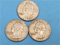 3 Washington Silver Quarters Coins
