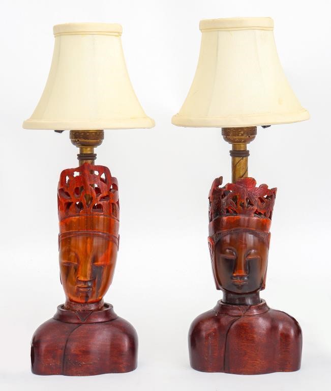 Chinese Carved Horn Guanyin Table Lamps, Pair