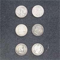 US Coins 6 Silver Half Dollars, Barber, Walking Li