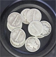US Coins 10 Mercury Silver Dimes, circulated