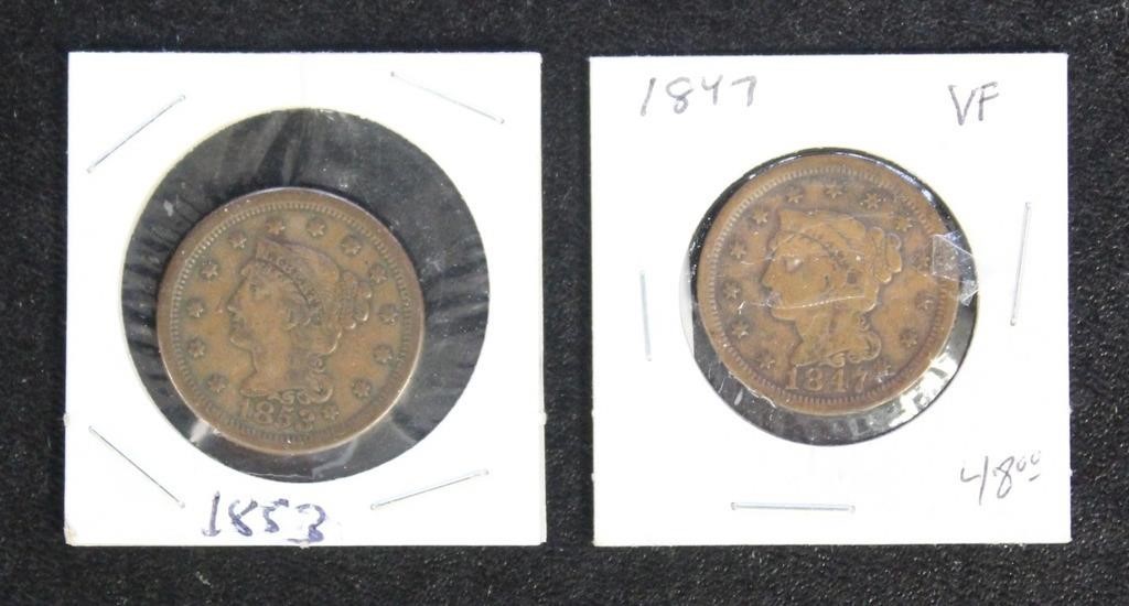 US Coins 2 Large Cents, 1847 & 1853, circulated