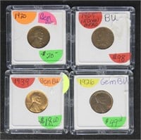 US Coins 4 Small Cents, nice AU/BU lot, includes 1