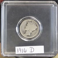 US Coins 1916-D Mercury Dime, Key Date, circulated