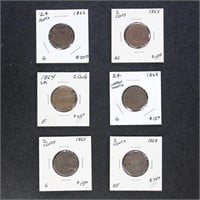 US Coins 6 Two Cent Pieces, circulated, 1864-1868