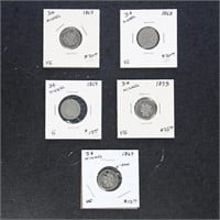 US Coins 5 Nickel Three Pieces, circulated, 1868-7