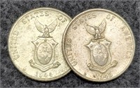 (2) Filipinas Ten Centavos 1944-D, 45-D AU