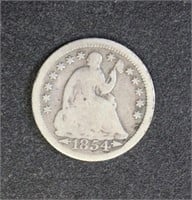 US Coins 1854 Half-Dime, circulated with great det