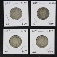 US Coins 25 1890s Barber Quarters, Circulated