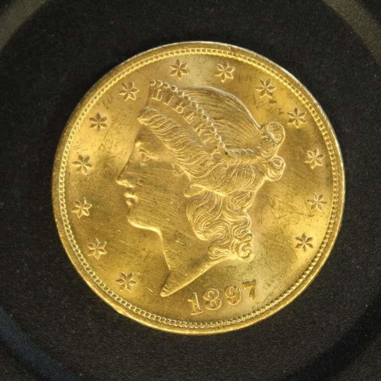 US Coins 1897 Gold $20 Double Eagle, uncirculated,