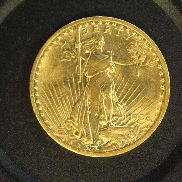 US Coins 1908 No Motto Gold $20 Double Eagle, AU/B