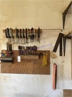 WALL ITEMS--C-CLAMPS, WOOD DRILL BITS, T-HANDLE