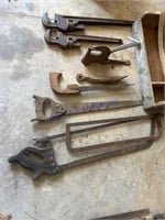WOODEN TOOL BOX W CONTENTS--PIPE WRENCHES,