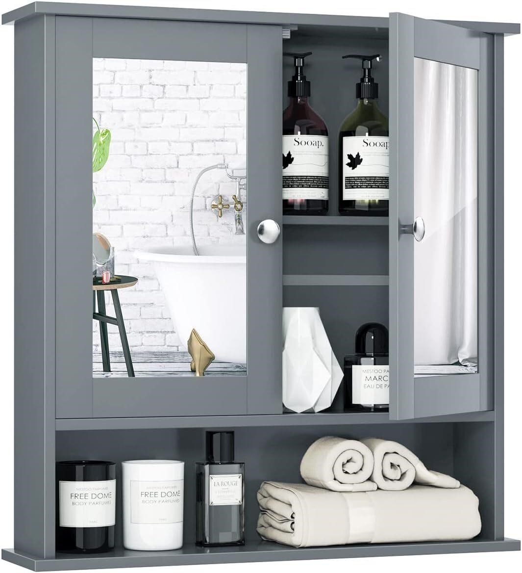 Tangkula Wall Cabinet  Double Mirrors (Gray)