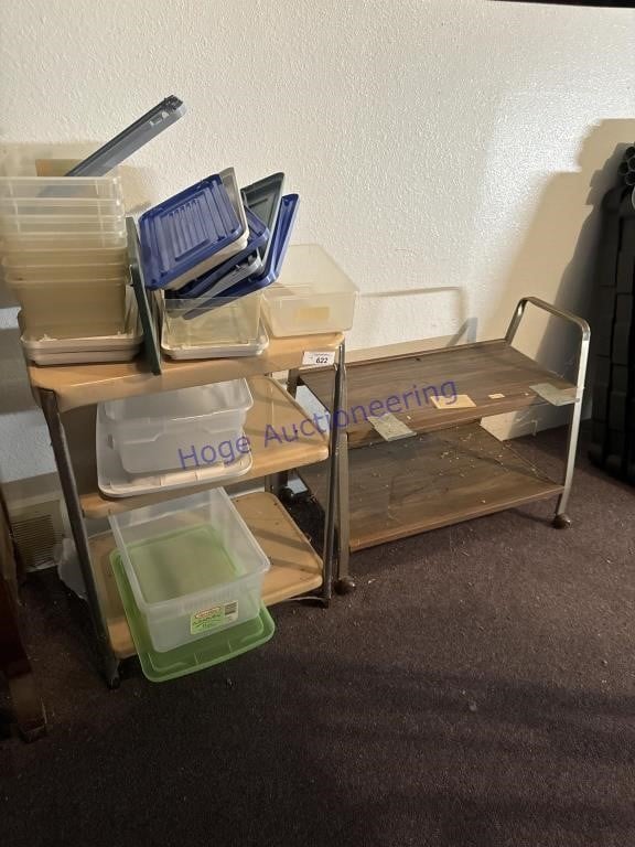 TV STAND, ROLLING CART W/ PLASTIC TUBS,