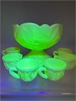 Vaseline uranium glass mini punch bowl set