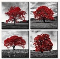 4pcs Living Room Wall Decor Red Tree Black And