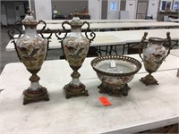 4 pc. Bronze frame porcelain vases and