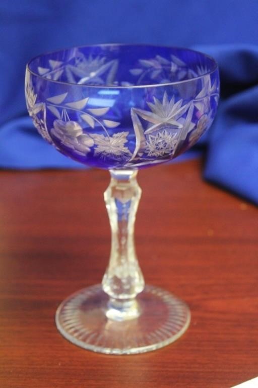 A Cobalt Blue Cut Glass Wine Goblet