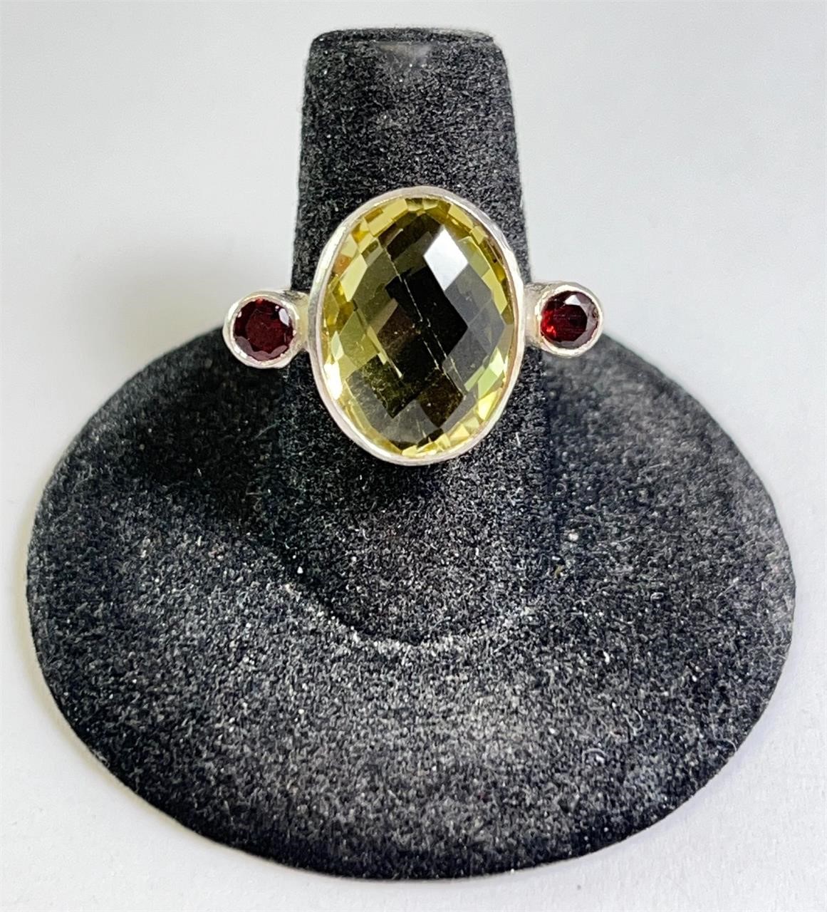 Uniqe Sterling Faceted Lg Peridot/Garnet Ring