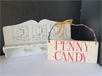 White Country Shelf with Wood Penny Candy Sign
