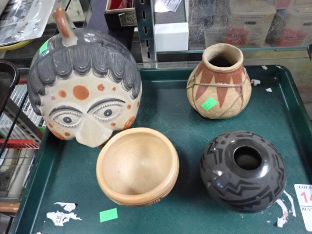 3 NATIVE BOWLS, 2 SIGNED + POTTERY HEAD