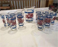 VINTAGE PEPSI PITCHER AND 11 GLASSES
