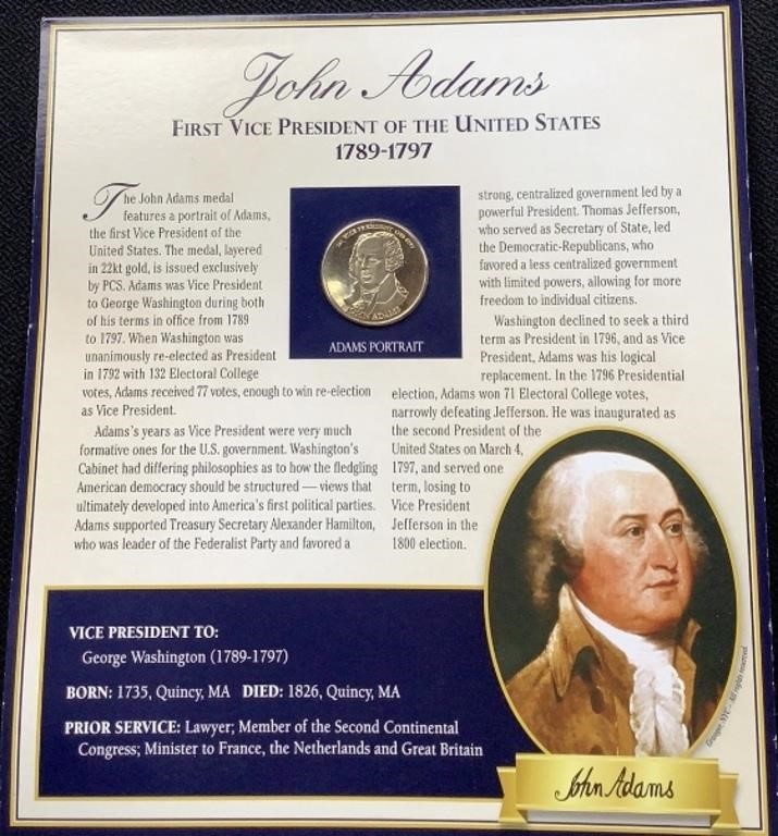 John Adams 1st US Vice President Portrait Coin &