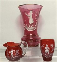 Mary Gregory Cranberry Glass Pitcher Vase Glass