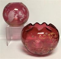 Etched Cranberry Glass & Pinched Rim Vases