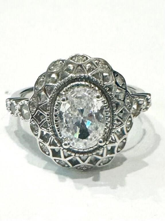 ANTIQUE STYLE OVAL FILIGREE CZ STERLING RING
