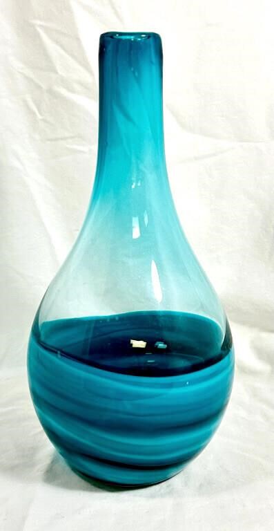 OUTSTANDING TEAL TO CLEAR DECO ART GLASS VASE
