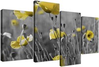 Yellow Grey Poppy Flower 4 Pc Floral Canvas
