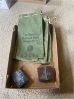 4 Robinson bank bags, newspaper stamps, coins