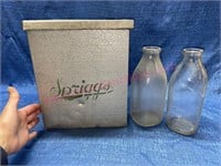 Antique "Spriggs" milk box & 2 bottles