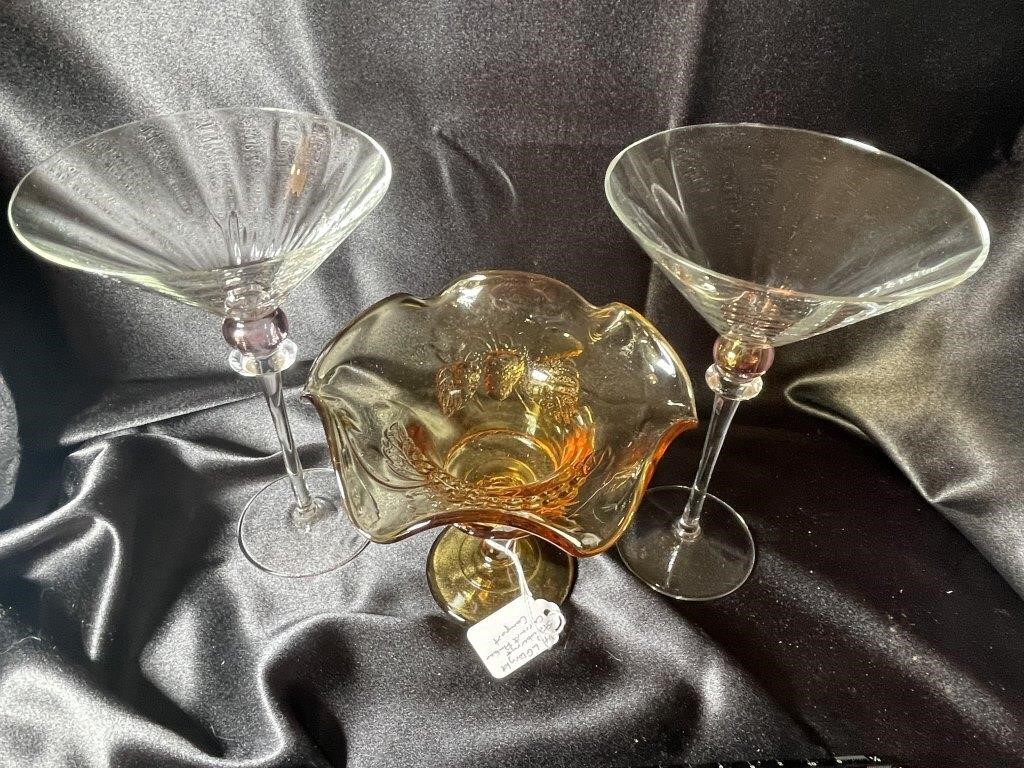 VTG Amber Embossed Leaf Bowl & Martini Glasses